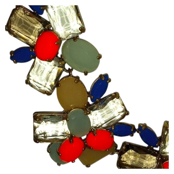 J. CREW Signed Vintage Chunky Blue Orange Rhinestone Floral Necklace Gold Tone - Picture 5 of 16
